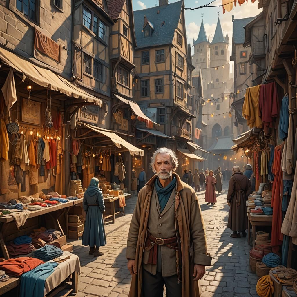 Proud Tailor in Medieval Market: Fantasy Concept Art