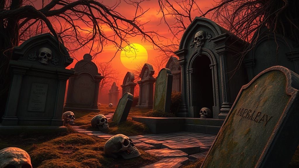 Forgotten Graveyard Under Blood-Red Sunset