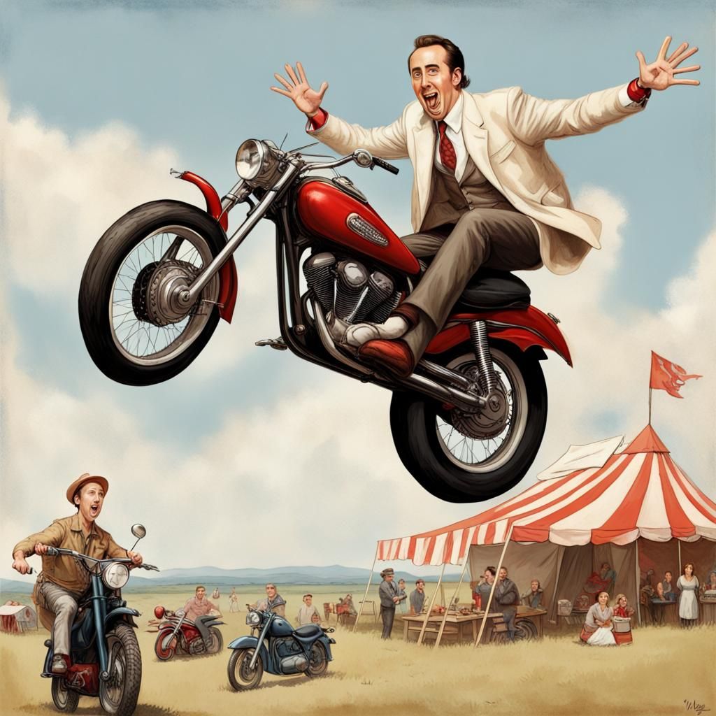 Nicolas Cage Motorcycle Jump in Rockwell Style