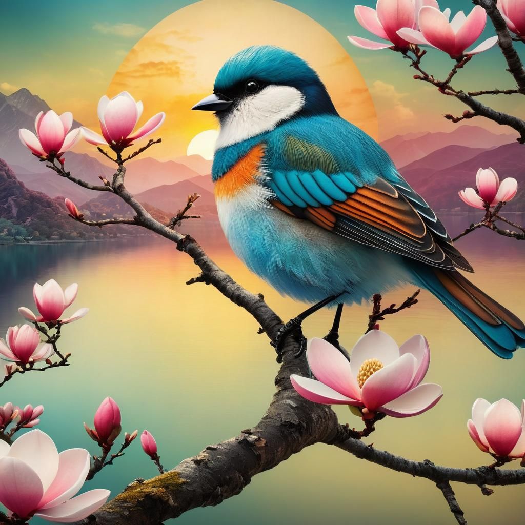 Colorful Bird on Magnolia Branch at Sunset