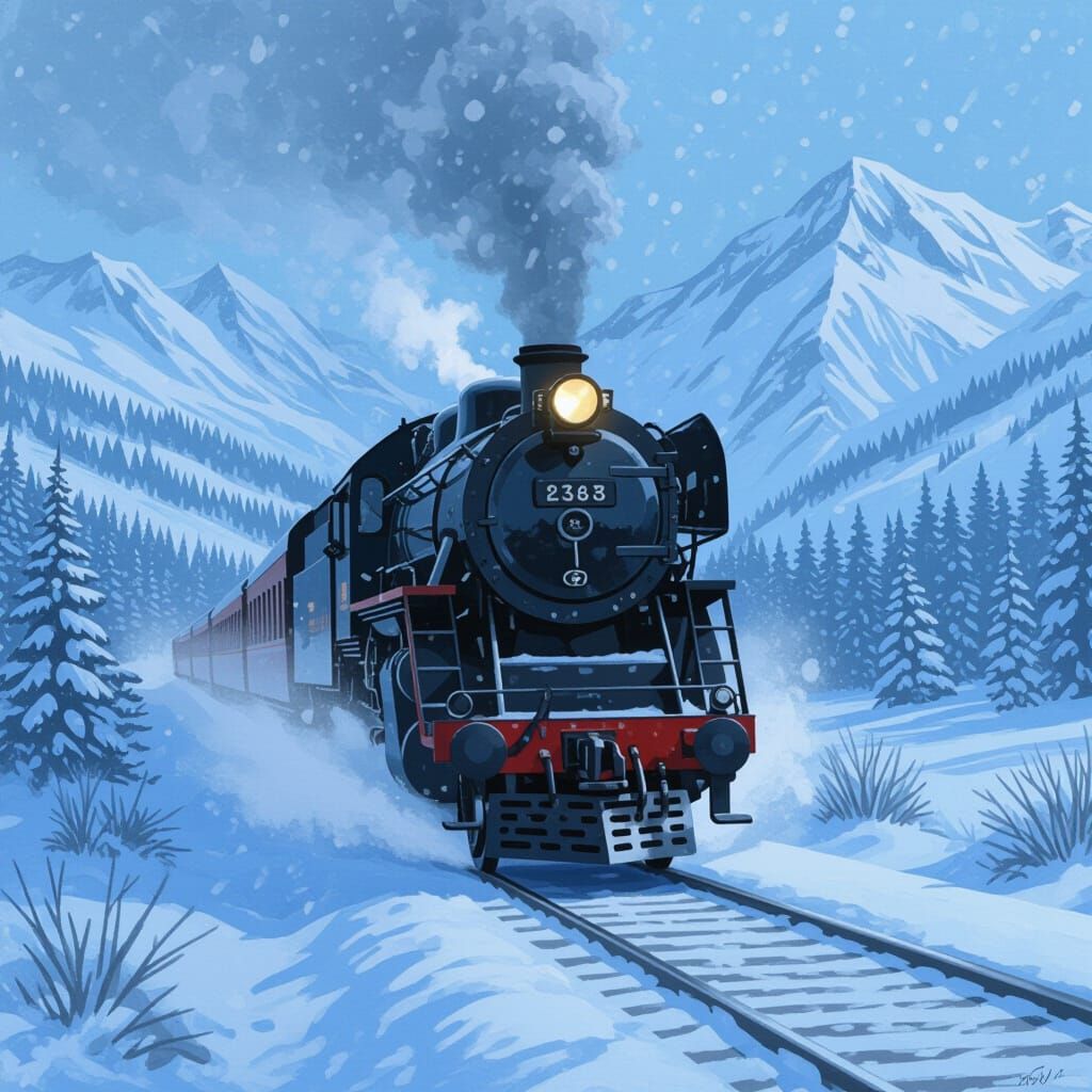 Mallard Locomotive Speeds Through Snowy Landscape