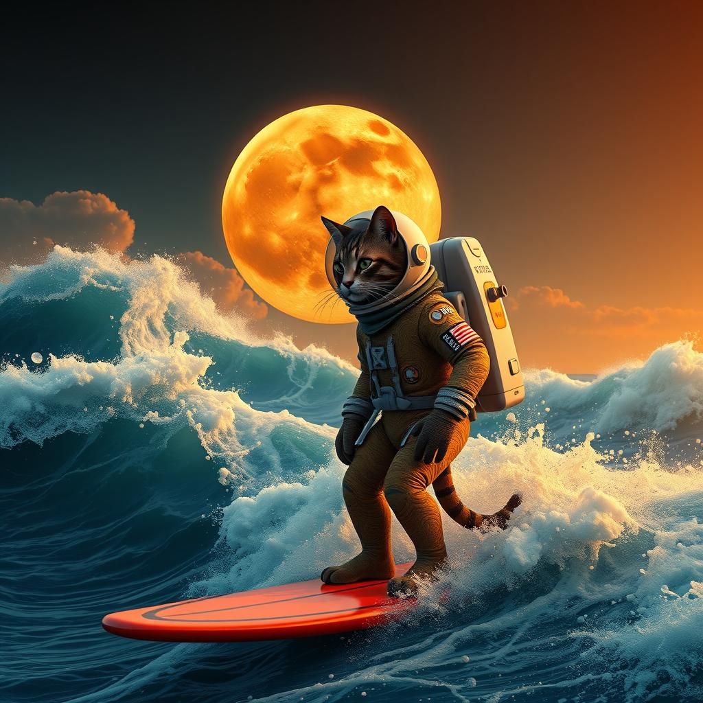 Feline Astronaut Surfing Under Blood Moon in Art Nouveau Sty...
