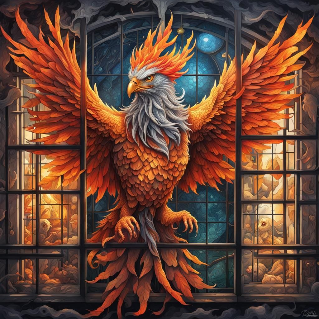 Phoenix in Cage with Wizard, Mosaic Art
