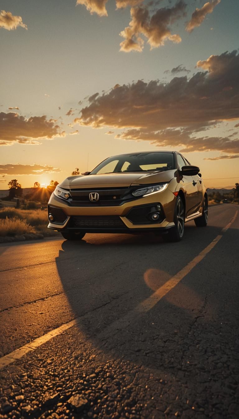 A Honda civic in front of sunset