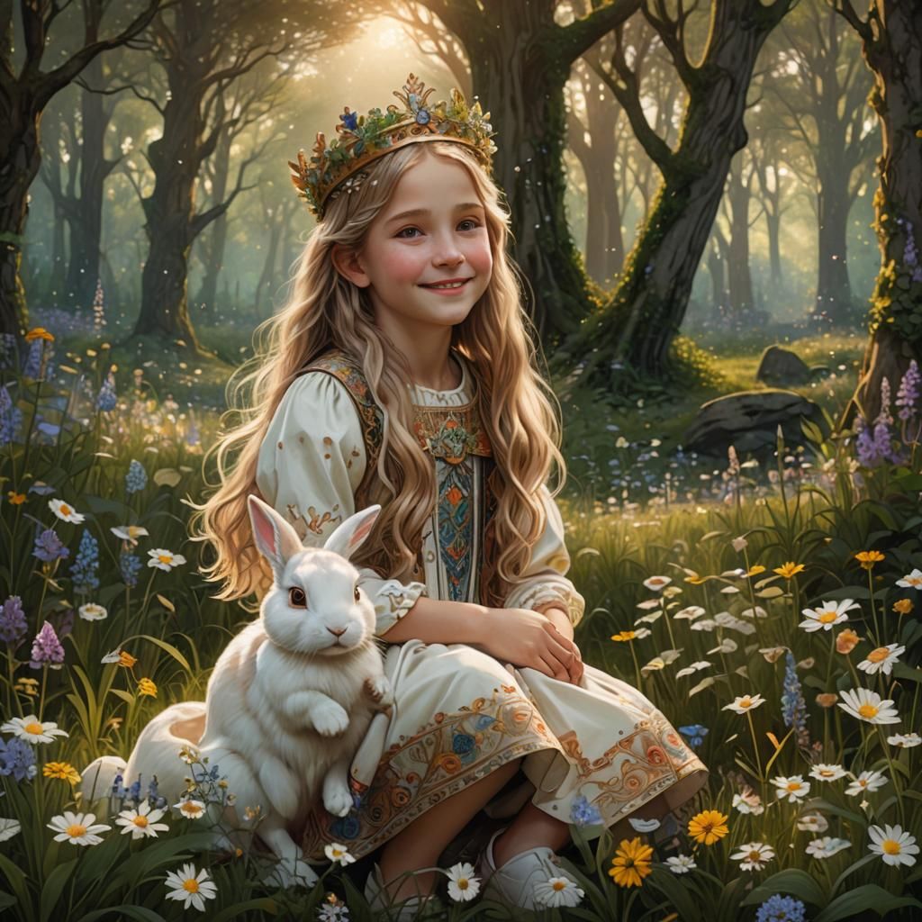 Girl with Rabbit in Forest, Art Nouveau Style