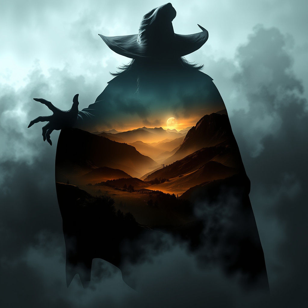 Sinister Wizard Silhouette with Spooky Valley Landscape