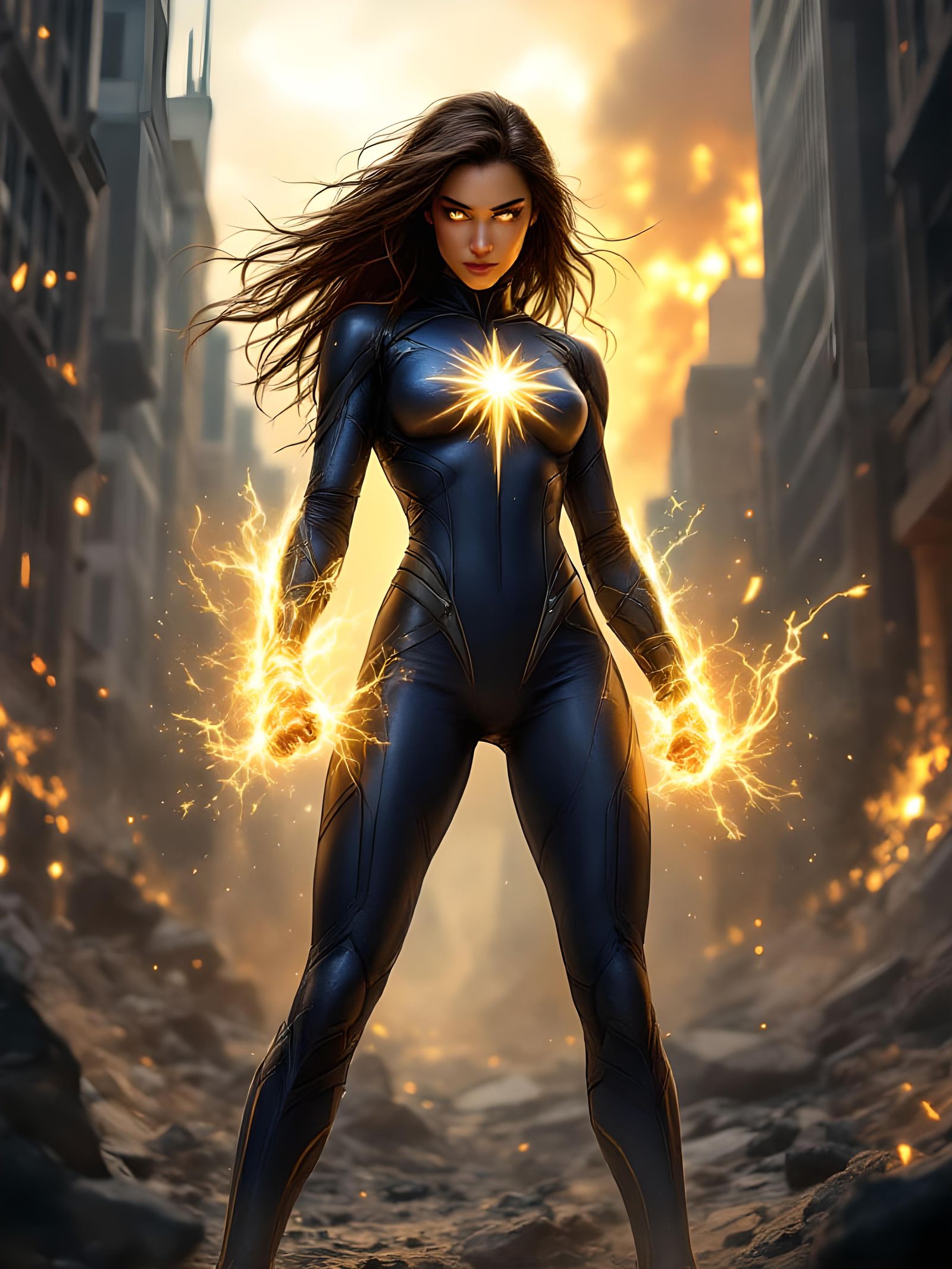 Angry Superheroine in Dystopian Cityscape, Fantasy Art