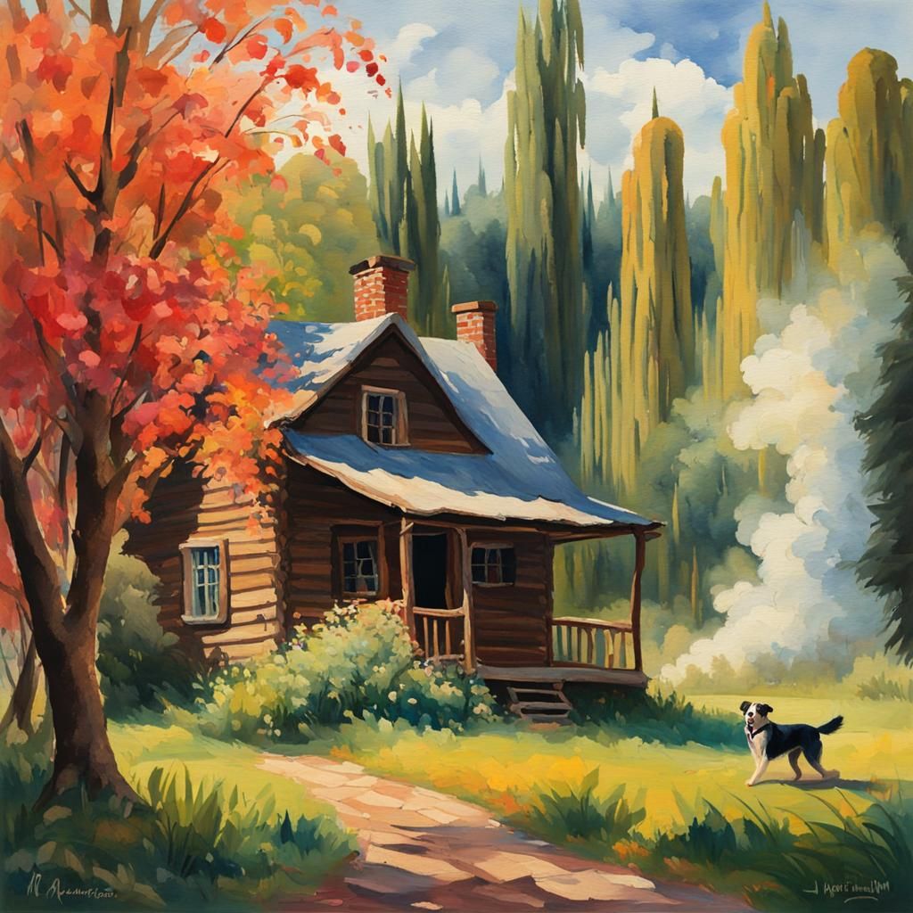 Cozy Cabin in Woods: Gouache Watercolor Painting