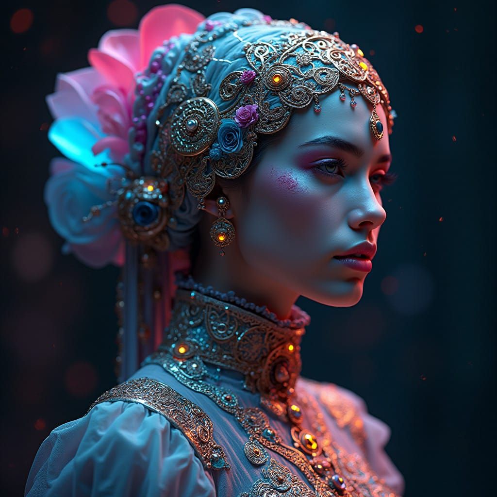 Fantasy Woman in Intricate, Hyperrealistic Attire with Futur...