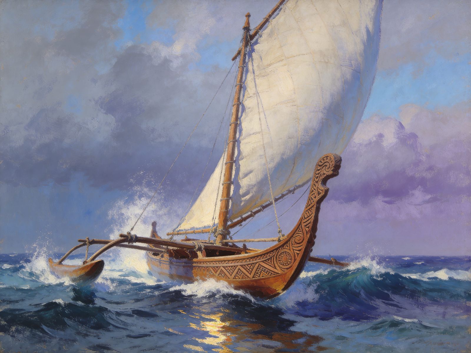 Polynesian Catamaran Racing Across Waves in Oil Painting