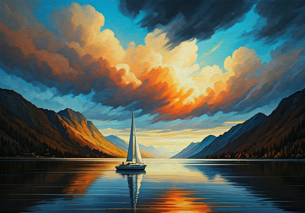 Surreal Sailboat Landscape in Impasto Style
