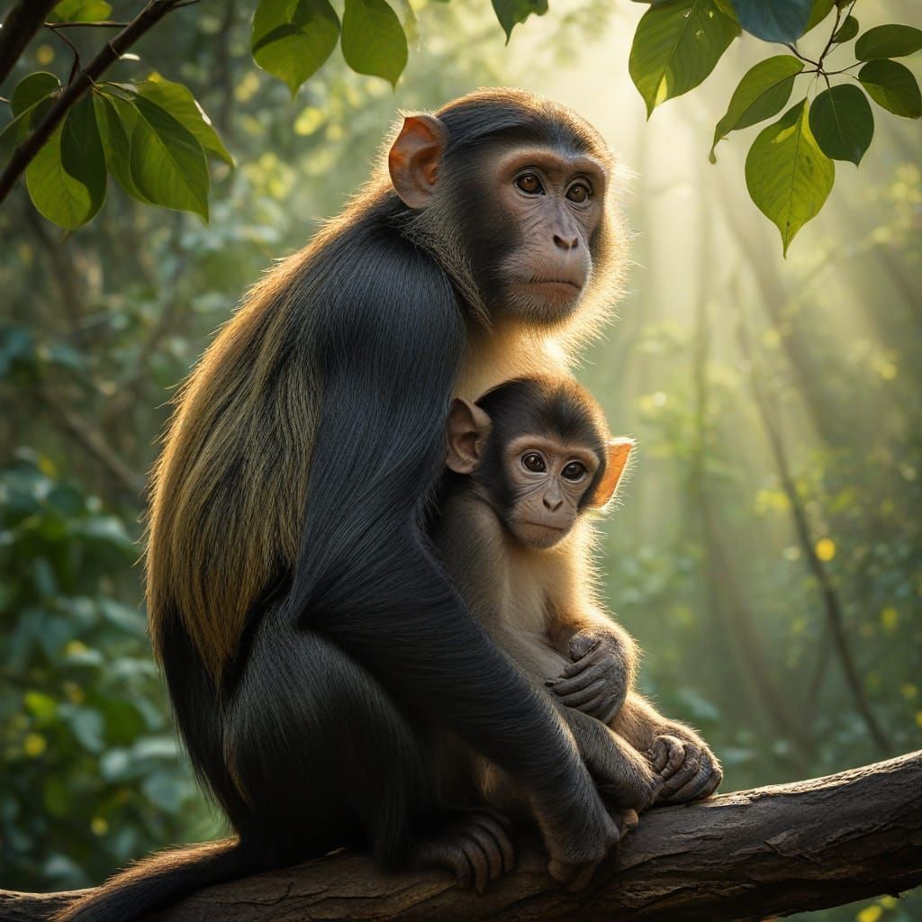 Mama Monkey Embracing Her Adorable Baby in a Serene Jungle L...