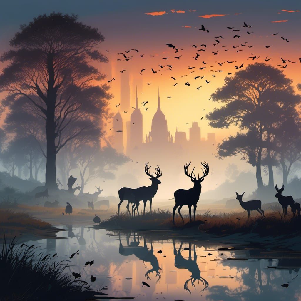 City Skyline Silhouette with Deer in Watercolor Style