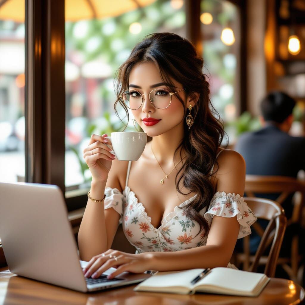 Woman in Coffee Shop, Alphonse Mucha Style
