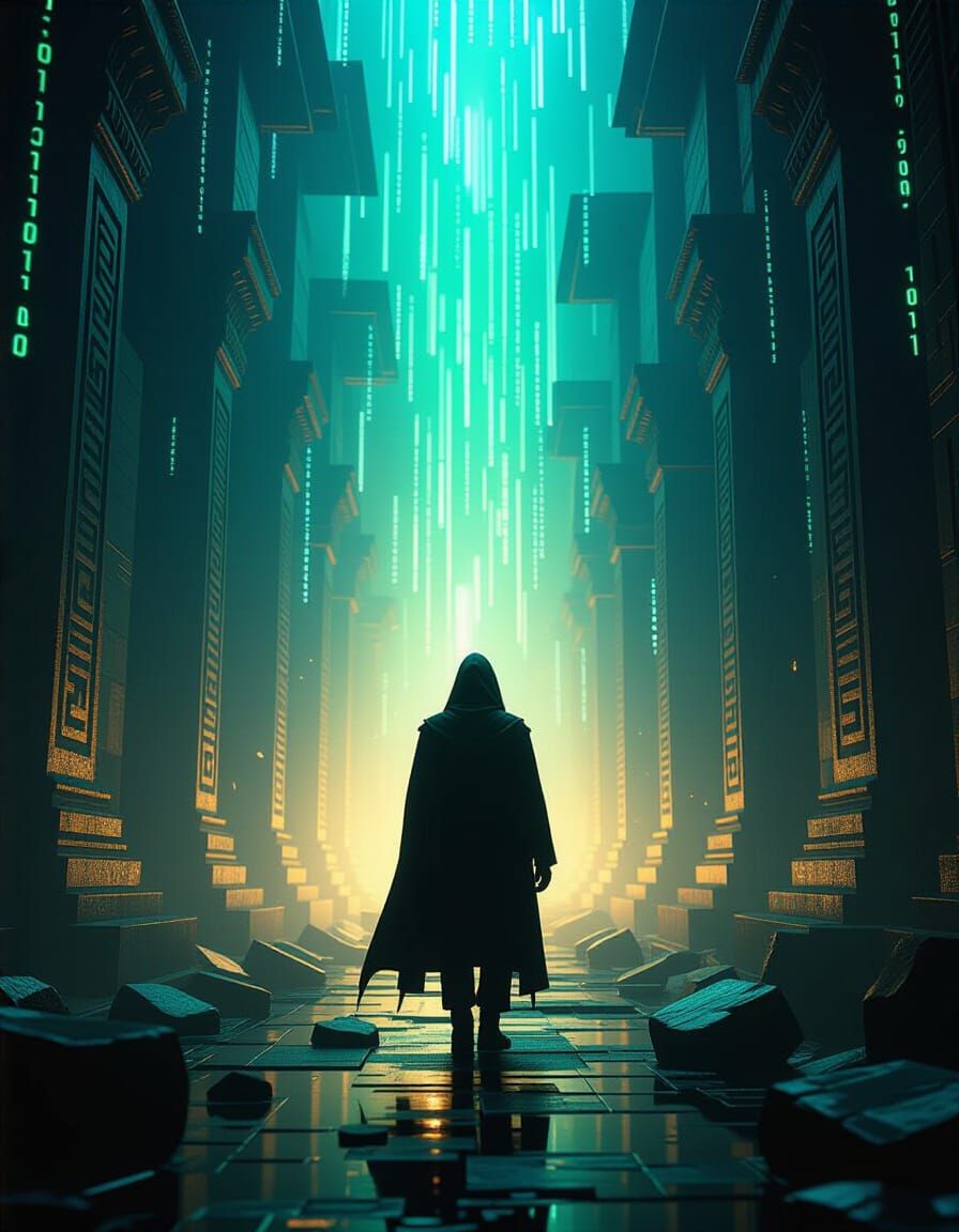 Hacker in Digital Temple, Cyberpunk Style