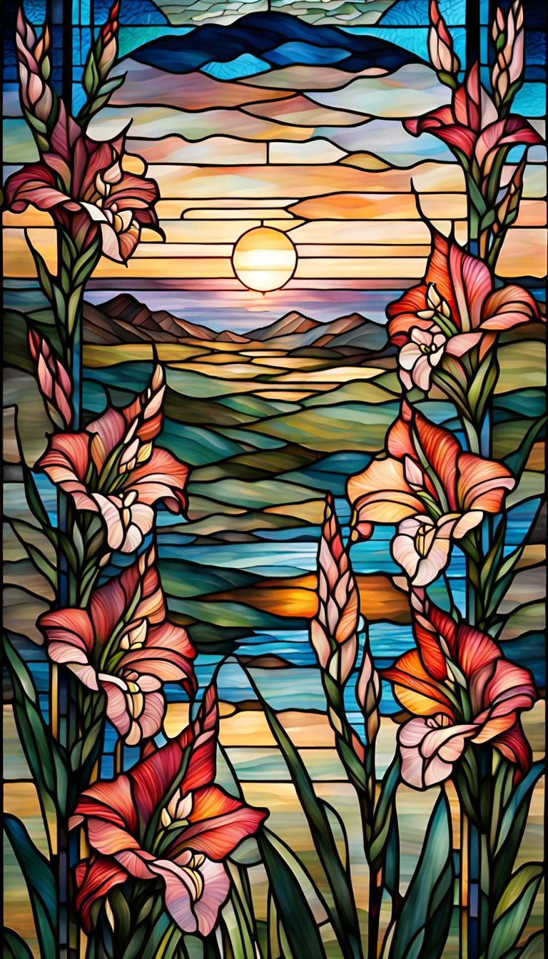 Stained Glass Gladiola Flowers at Sunset