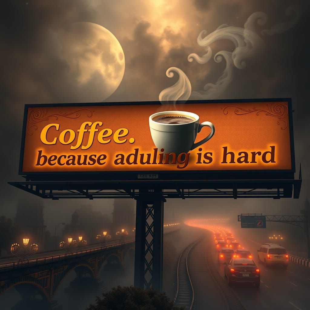 Mystical Coffee Billboard in a Dark Fantasy World