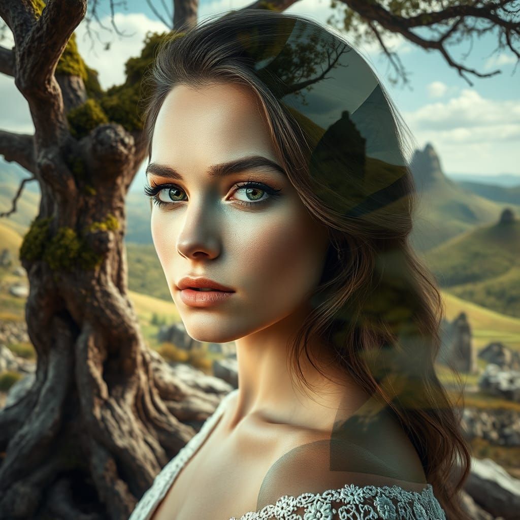 Ethereal Woman Merged with Dreamlike Landscape: Fantasy Art