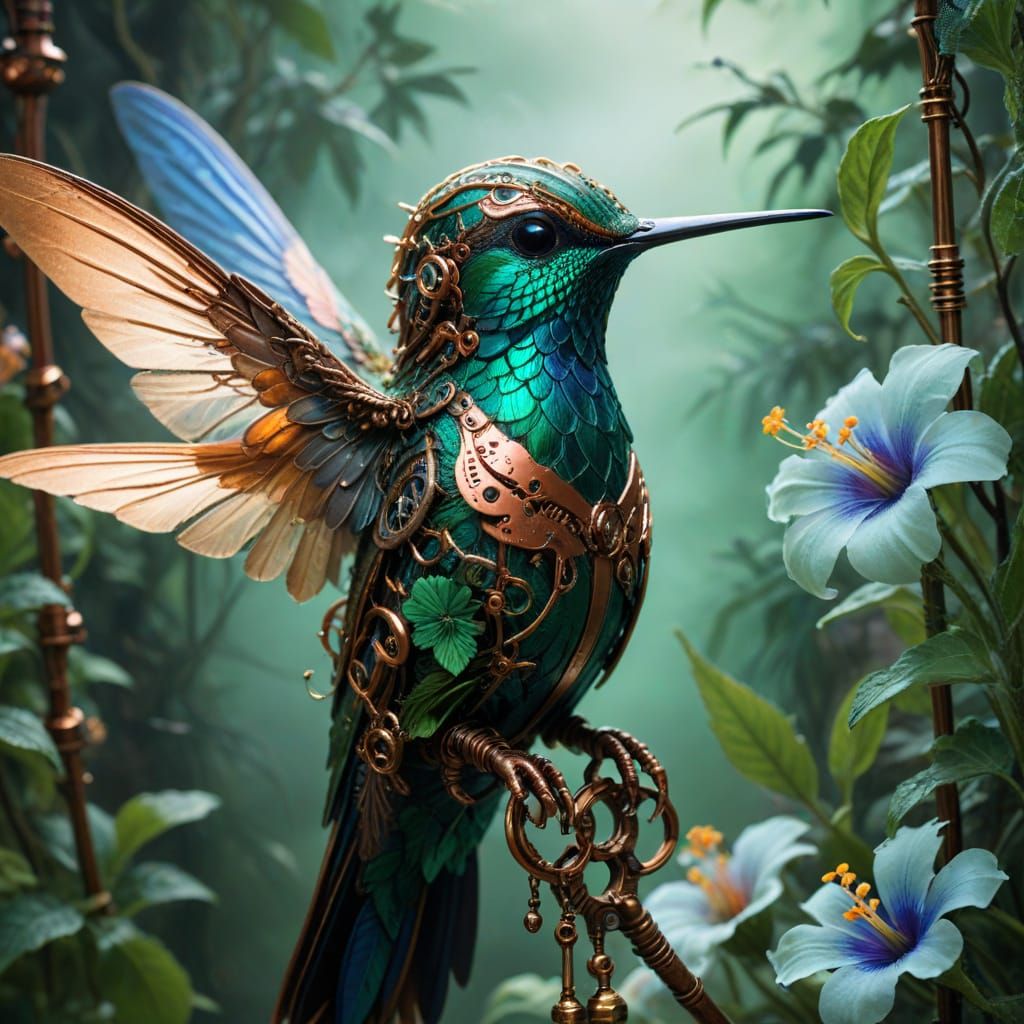 Steampunk Hummingbird in Emerald Jungle