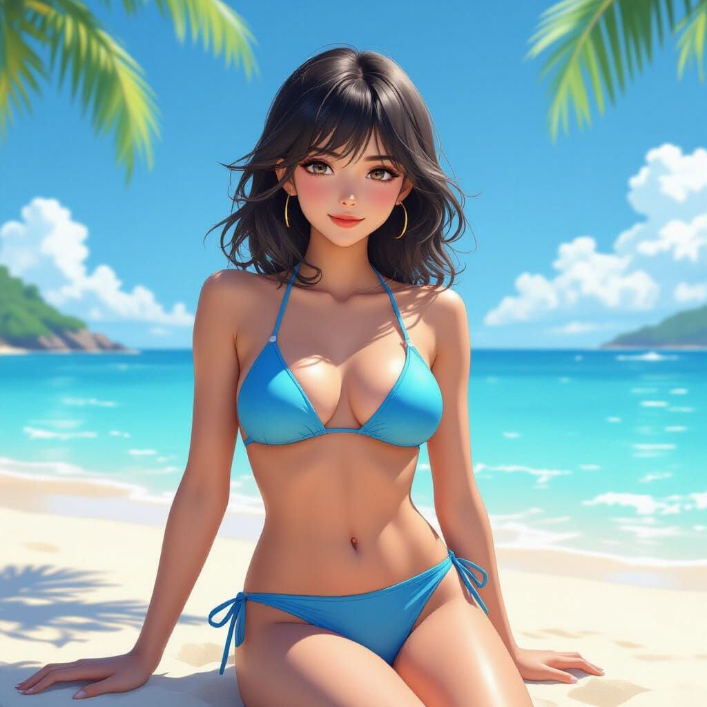 Anime Style Woman Tanning in Blue Bikini on Sunny Beach