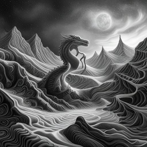 Dragon in Galactic Dreamscape: Charcoal Drawing