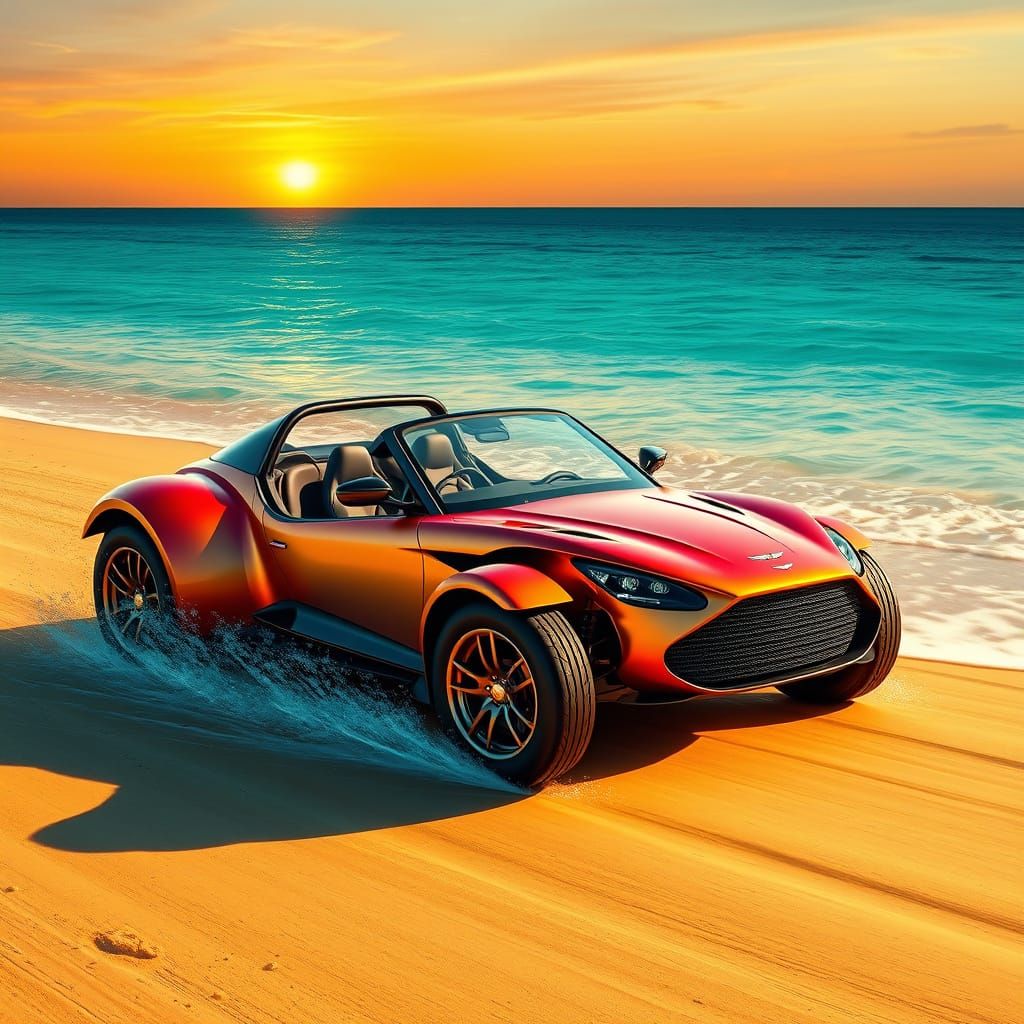 Aston Martin DP215 Beach Buggy in Whimsical Sunset Landscape