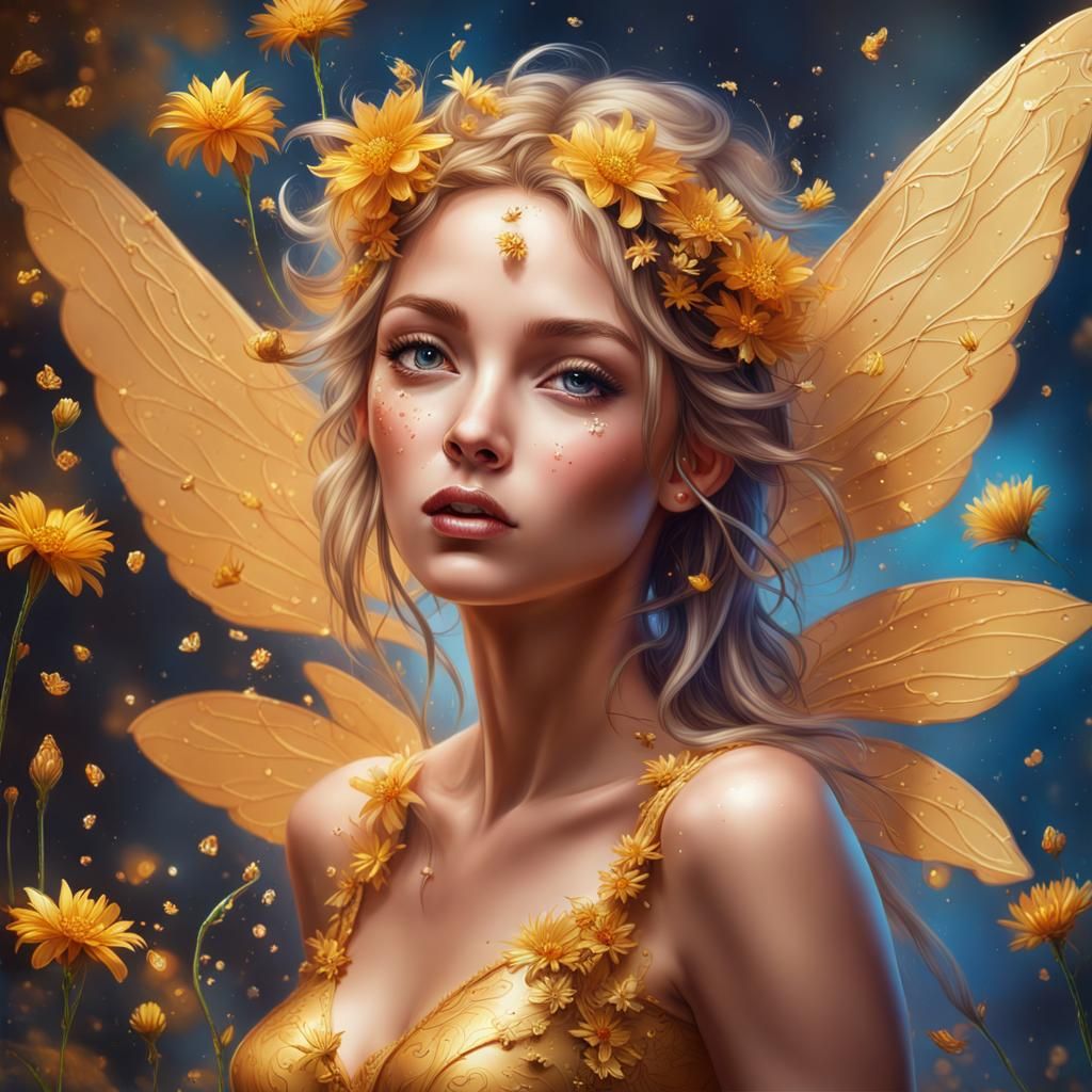 Gold Fairy with Flying Flowers in Splash Art