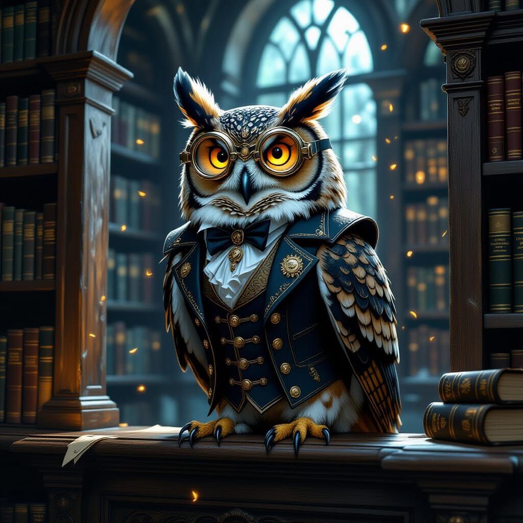 Steampunk Owl Scholar in Arcane Library