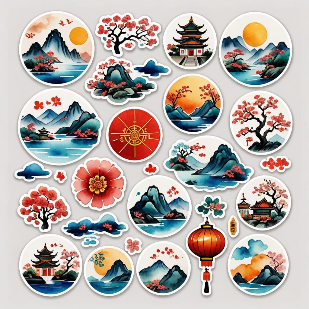 Chinese Style Lucky Objects in Vibrant Brush Painting