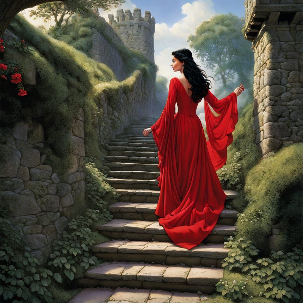 A Medieval Woman Descends Stairs in a Colorful Cartoon