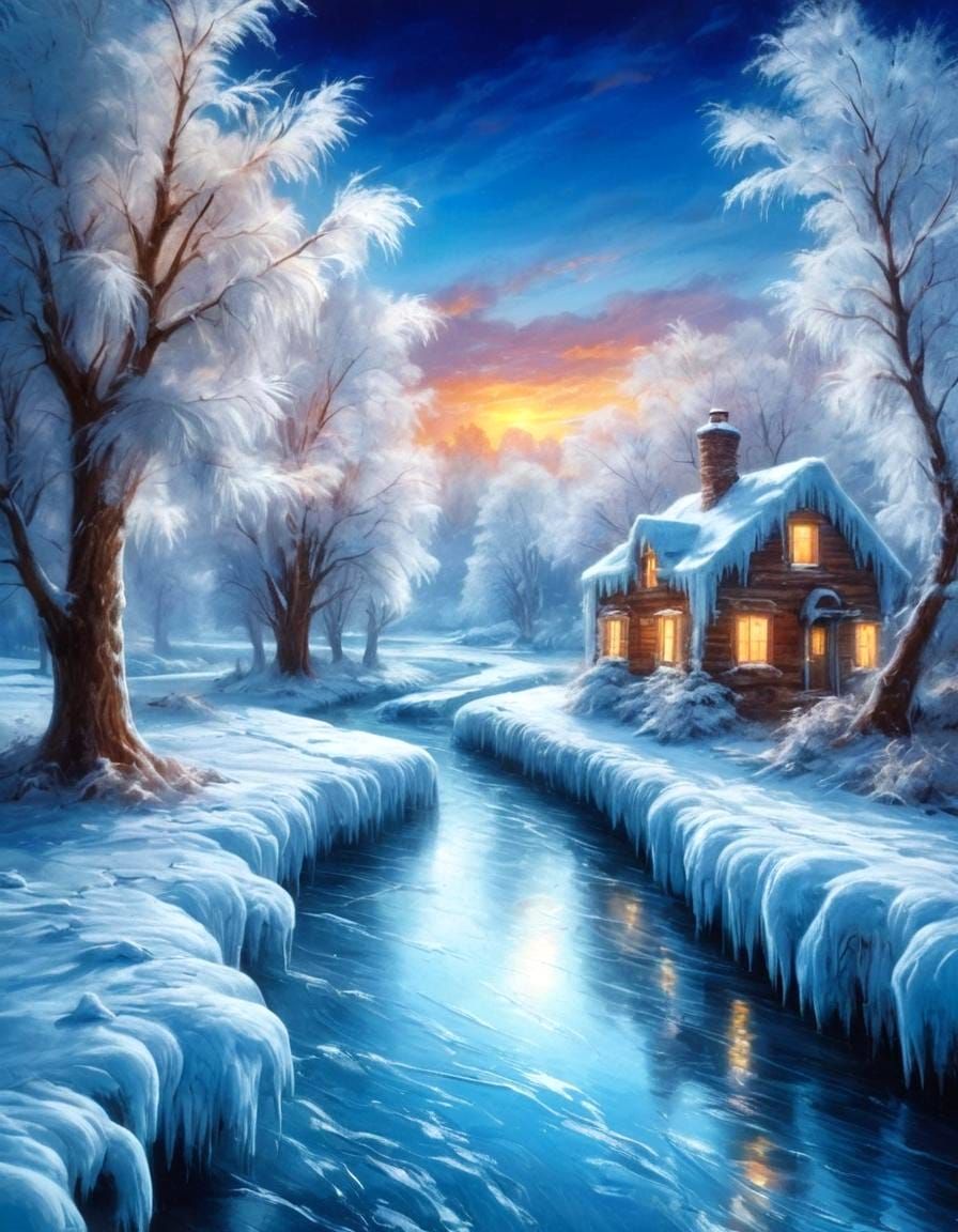 Peaceful Winter Scene of Snowy Trees and River at Sunset