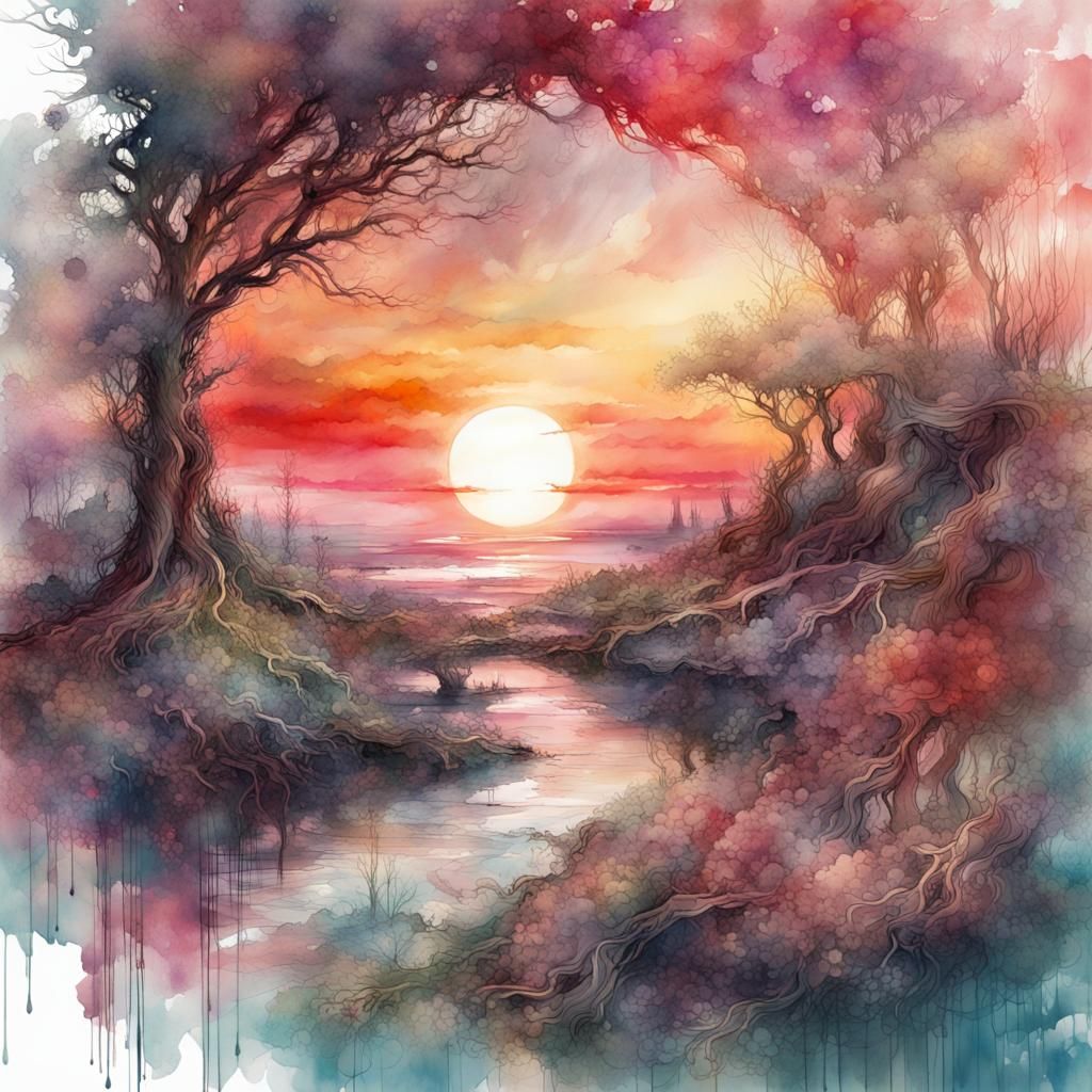Blood Moon Summerscape Sunset in Watercolor Illustration
