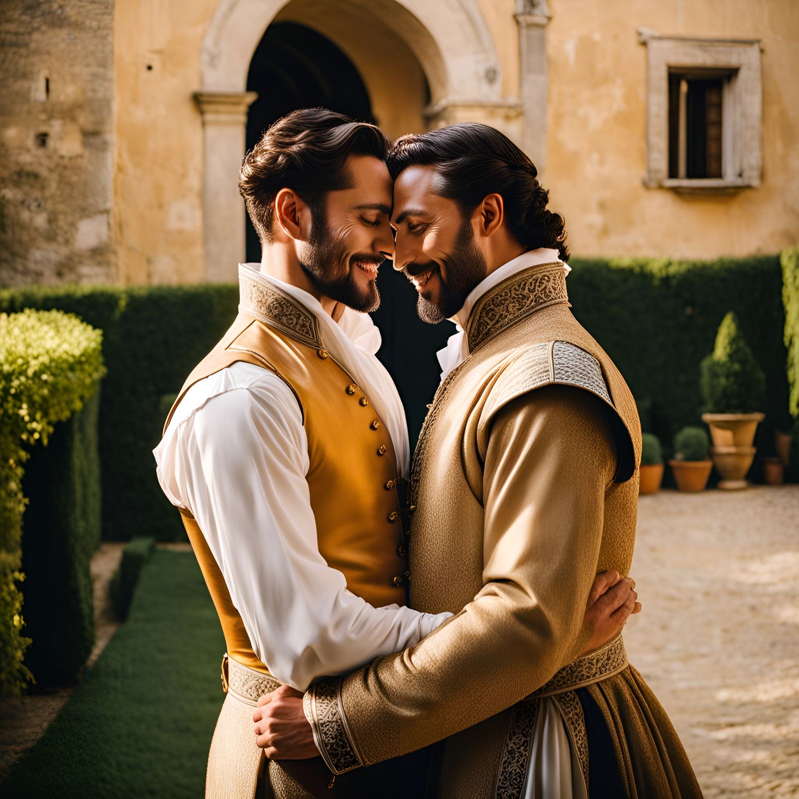 Renaissance: Gay Men Cuddling in Tuscan Courtyard