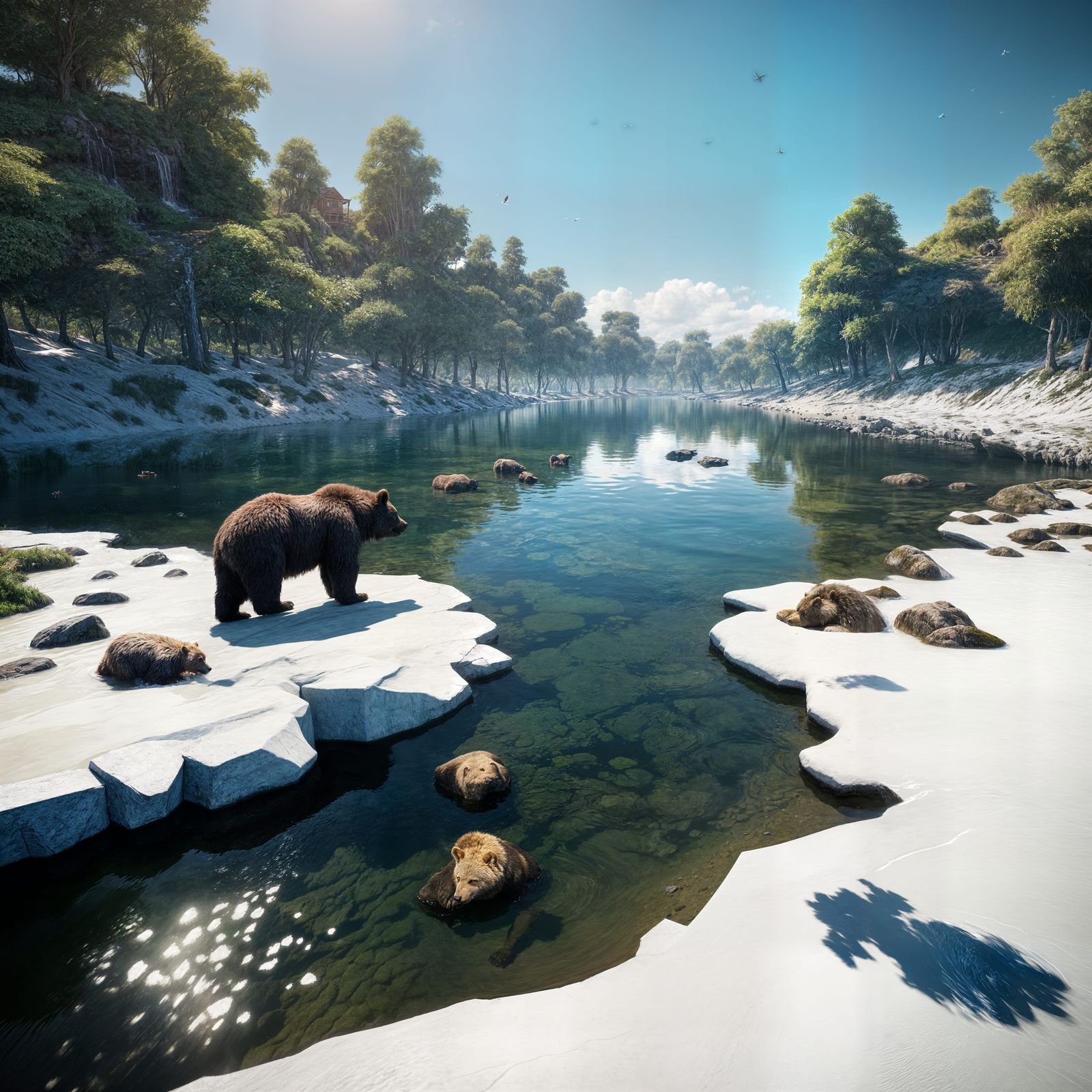 Brown Bear Standing at the Edge of a Sparkling Crystal Lake
