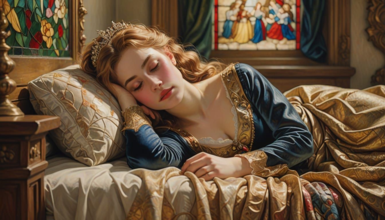 Sleeping Beauty in a Grand, Ornate Room, in the Style of Pie...