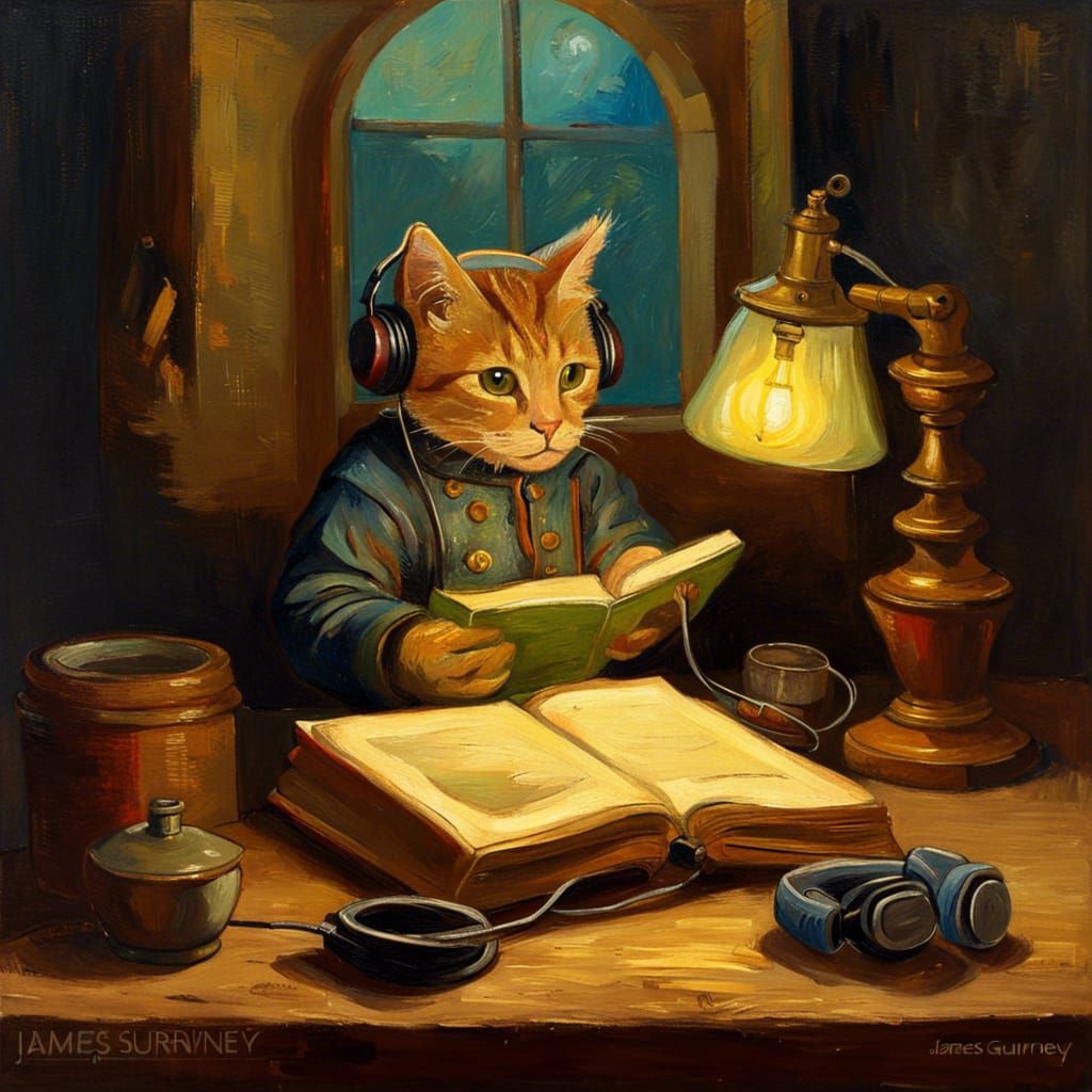 Medieval Cat Reading in Van Gogh Oil Painting Style