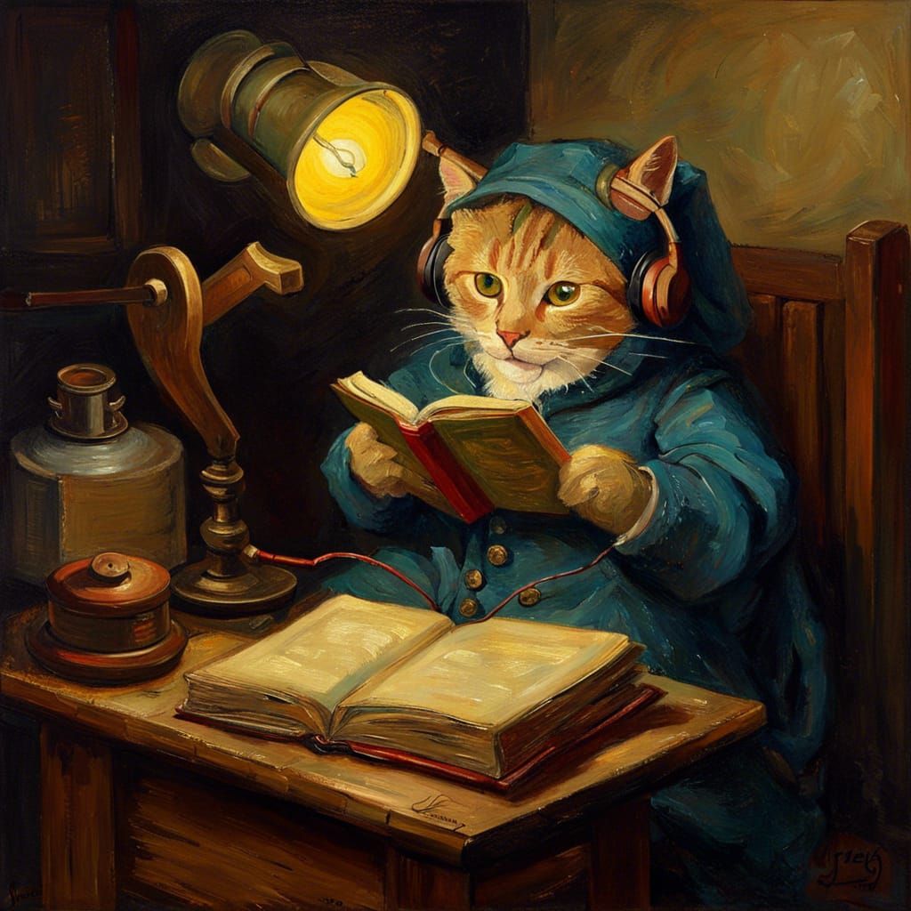 Medieval Cat Reading Book in Oil Painting Style