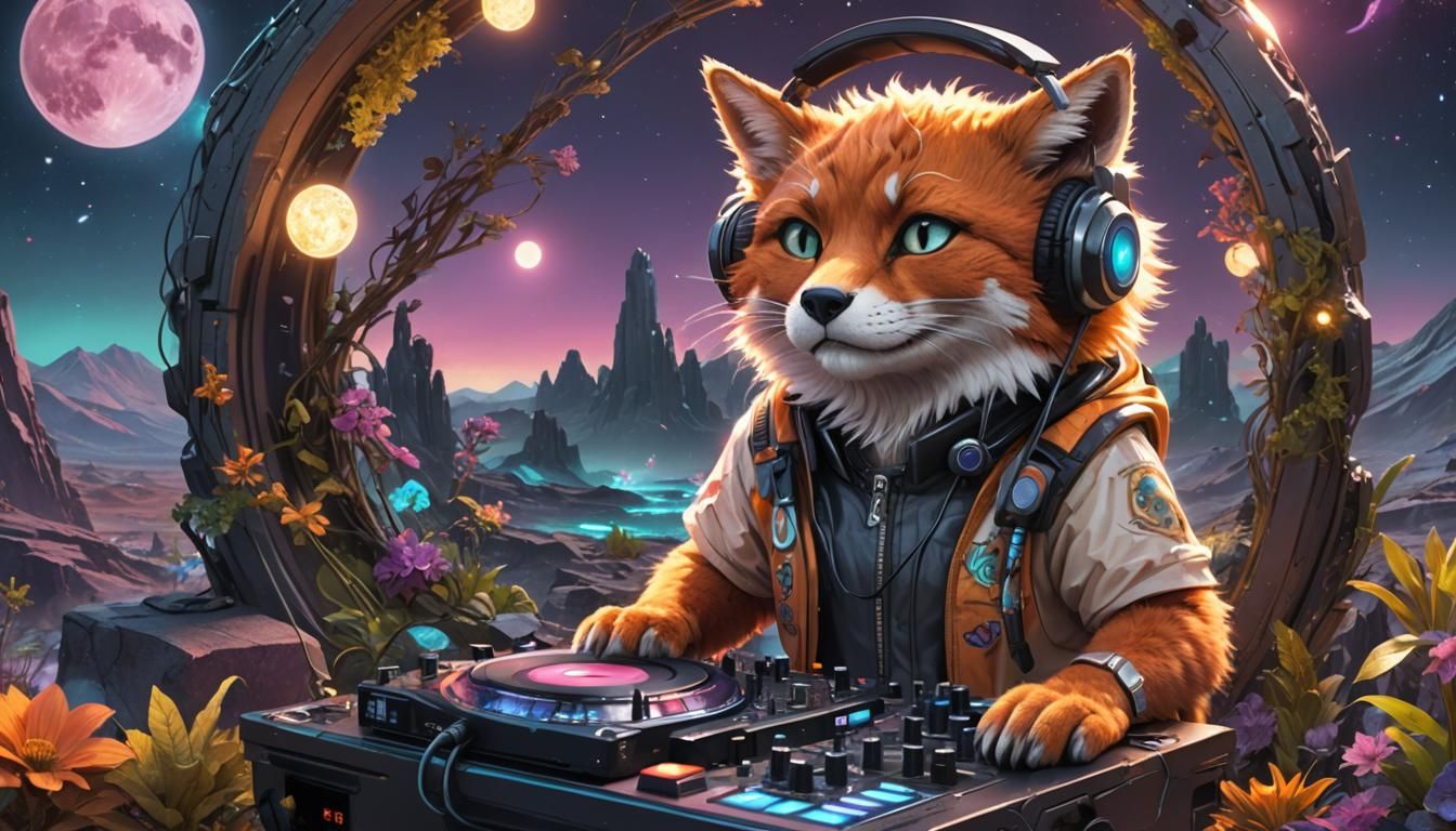 Create a detailed and vibrant scene of an anthropomorphic DJ cat and fox on a mystical, moonlike planet. The DJ cat, wit...
