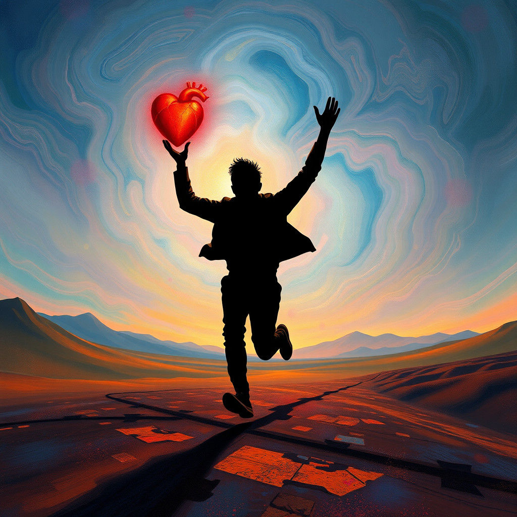 Man Running with Heart in Surreal Landscape