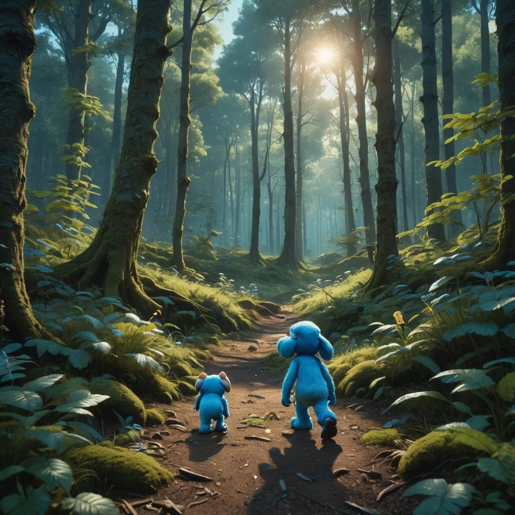 Smurf Dog Walks in Lush Forest, Fantastical Art