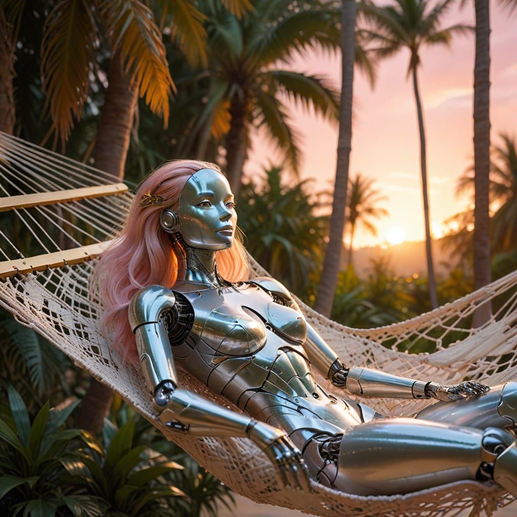 Serene Robot in Hammock at Sunset