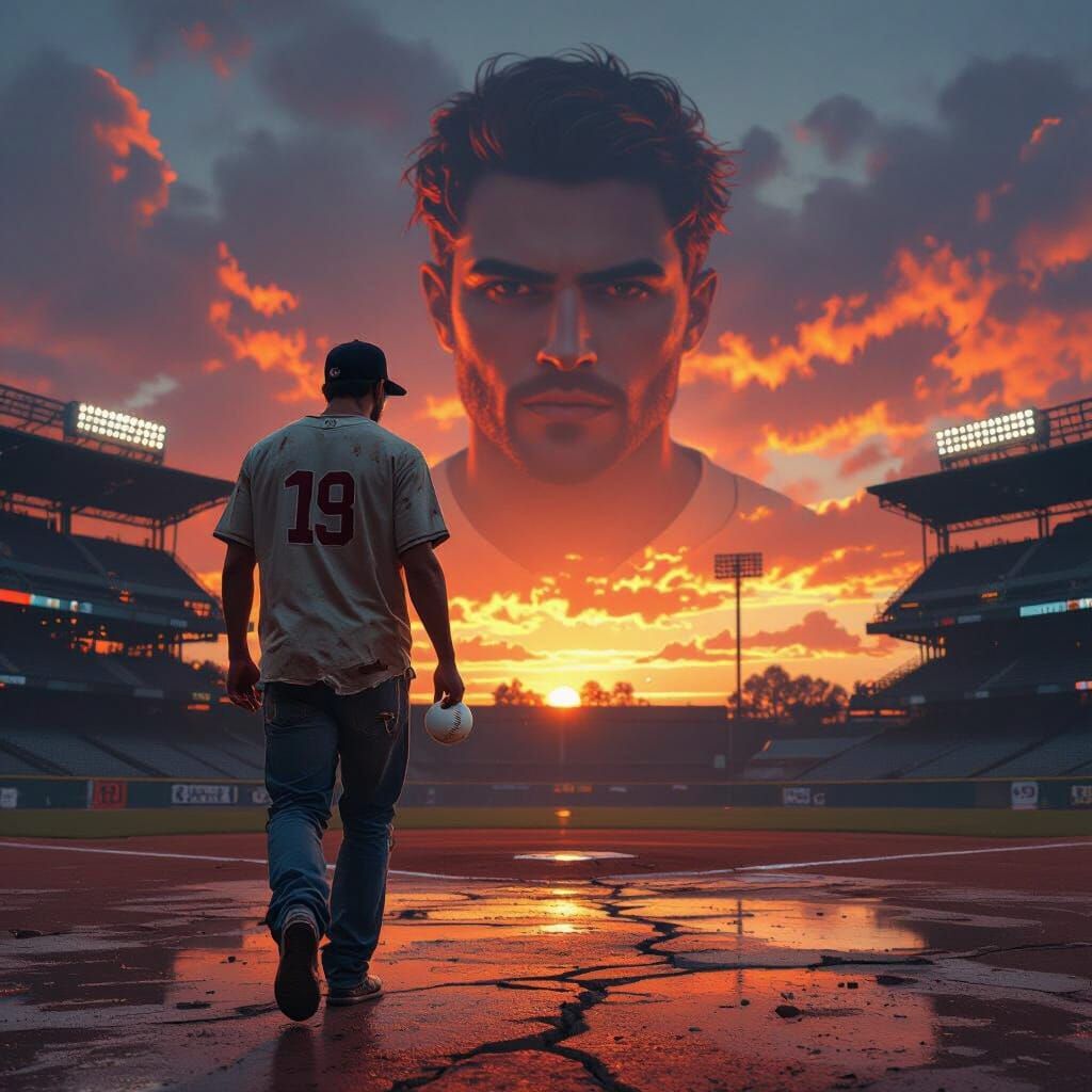 A baseball fan in a worn jersey and torn jeans walks through...