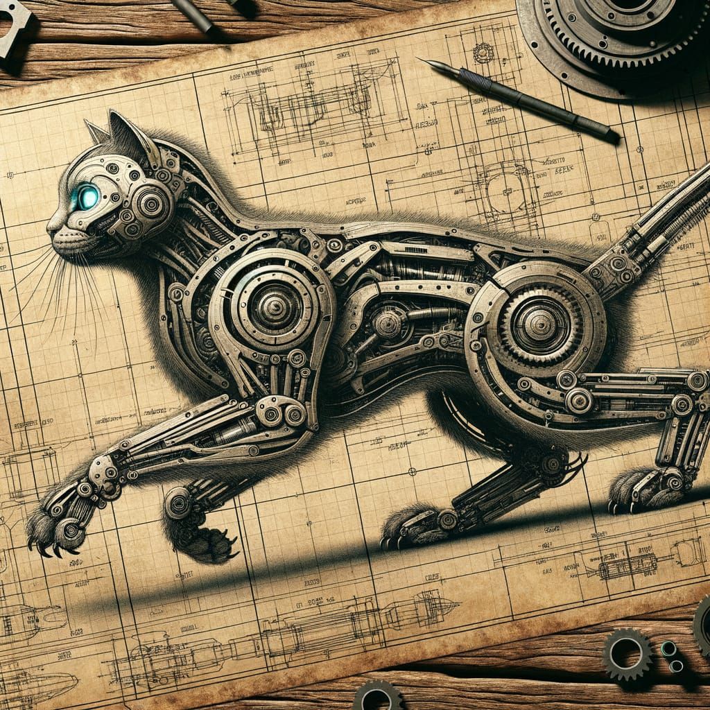 Biomechanical Cat Blueprint on Aged Wooden Desk