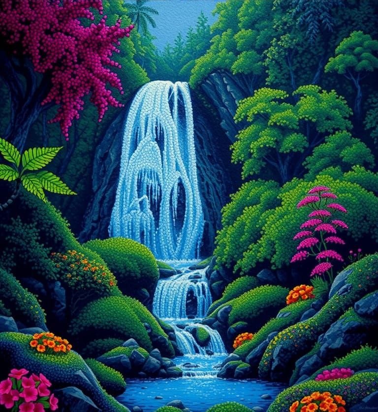 Pointillist Waterfall Landscape in Circles