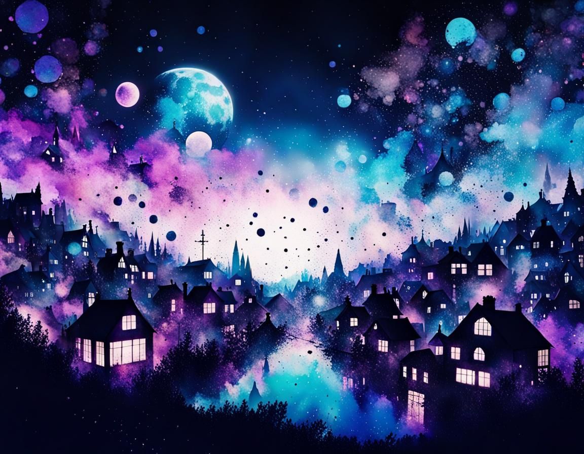 Gothic Ink Splatter Village Under Night Sky