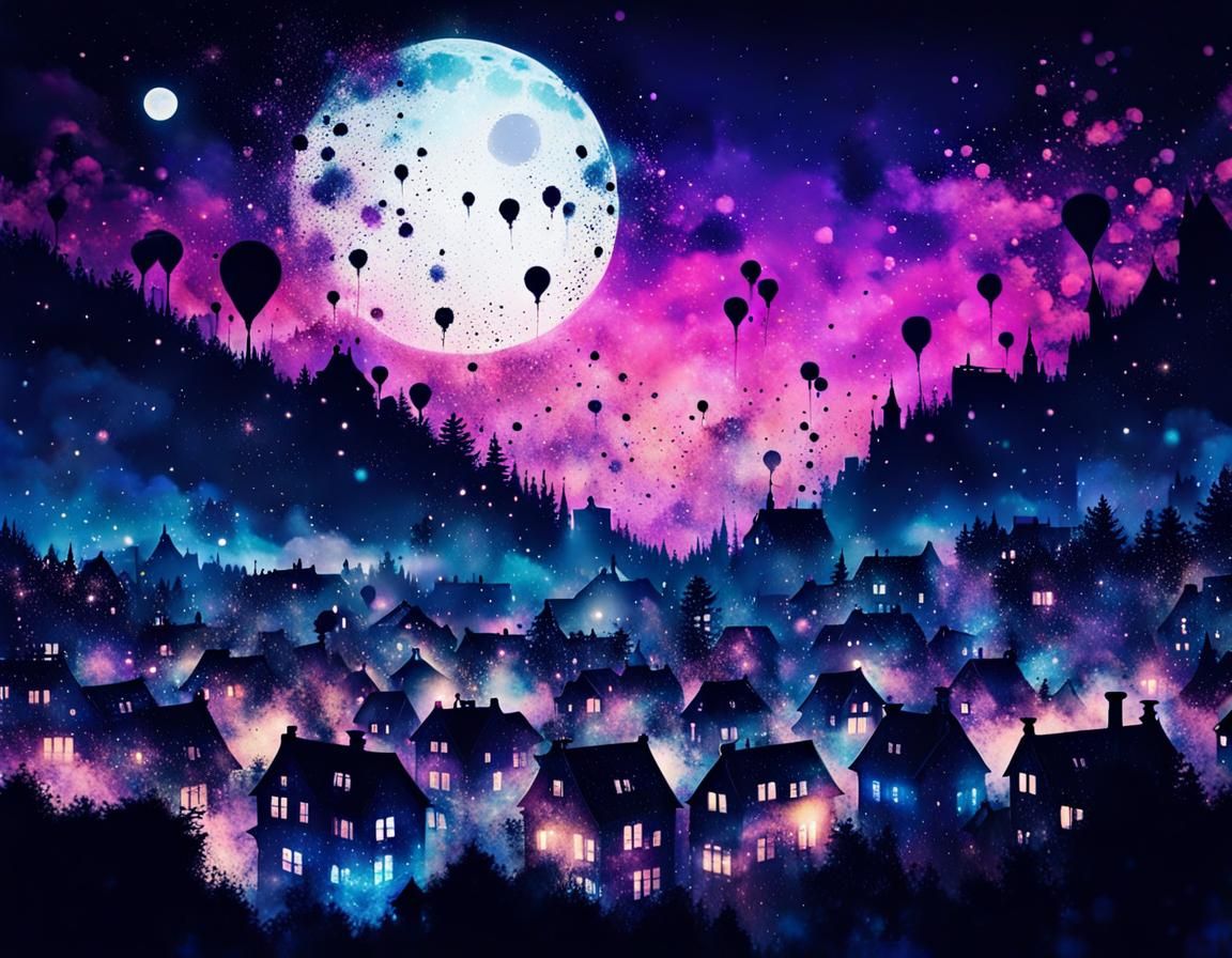 Ink Splatter Night Sky Over Sleepy Village