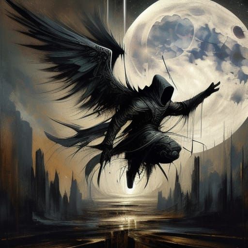 <lora:MarbleDSv8:1.0>hooded assasin jumping from roof at nig...