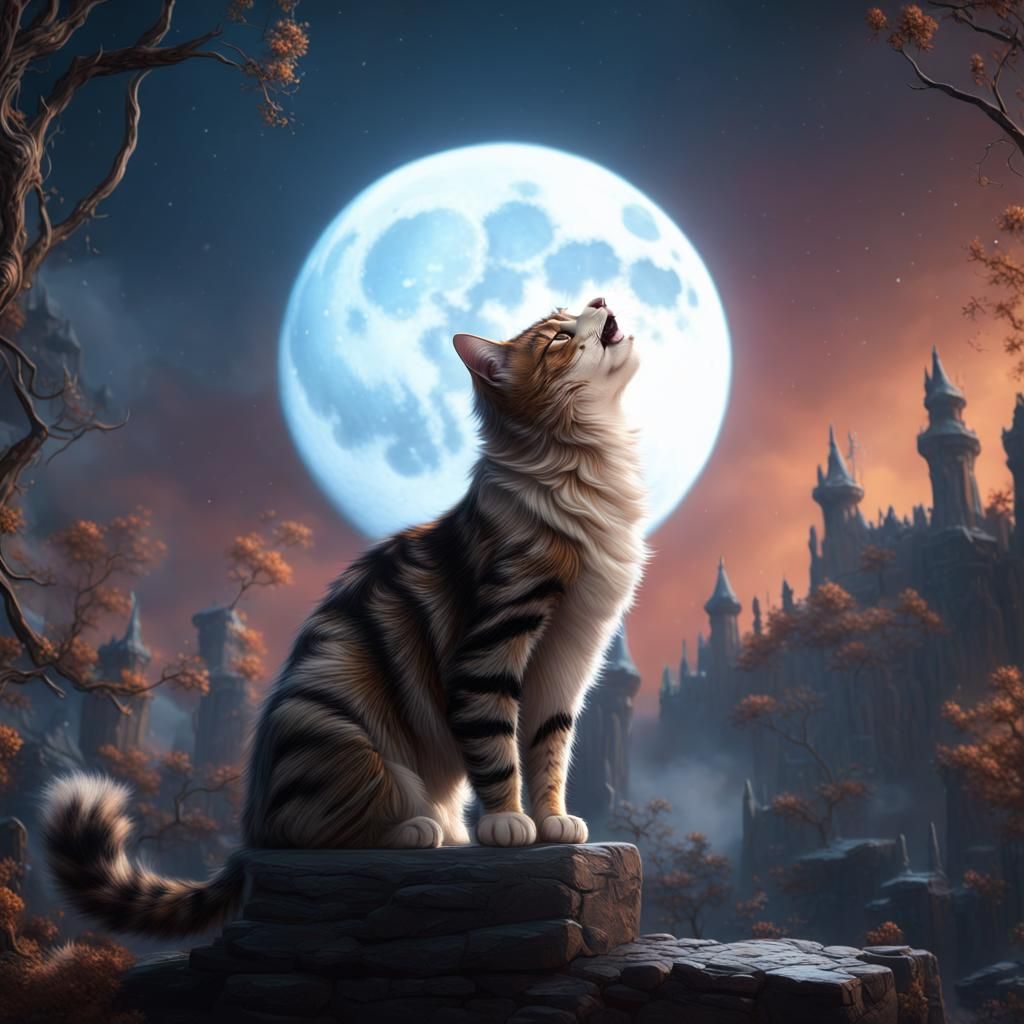 Cat Howling at Moon in Detailed Matte Painting