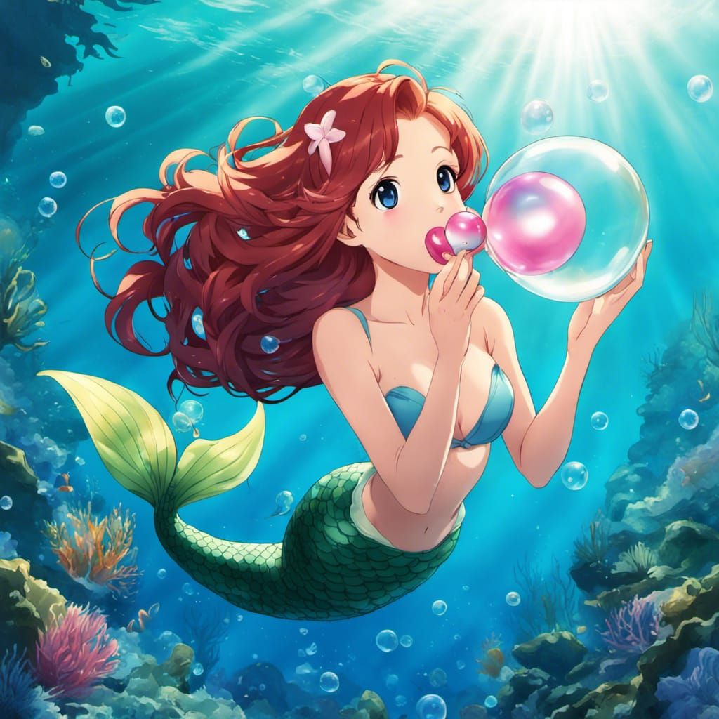 Anime Mermaid Blowing Bubble Gum Bubble