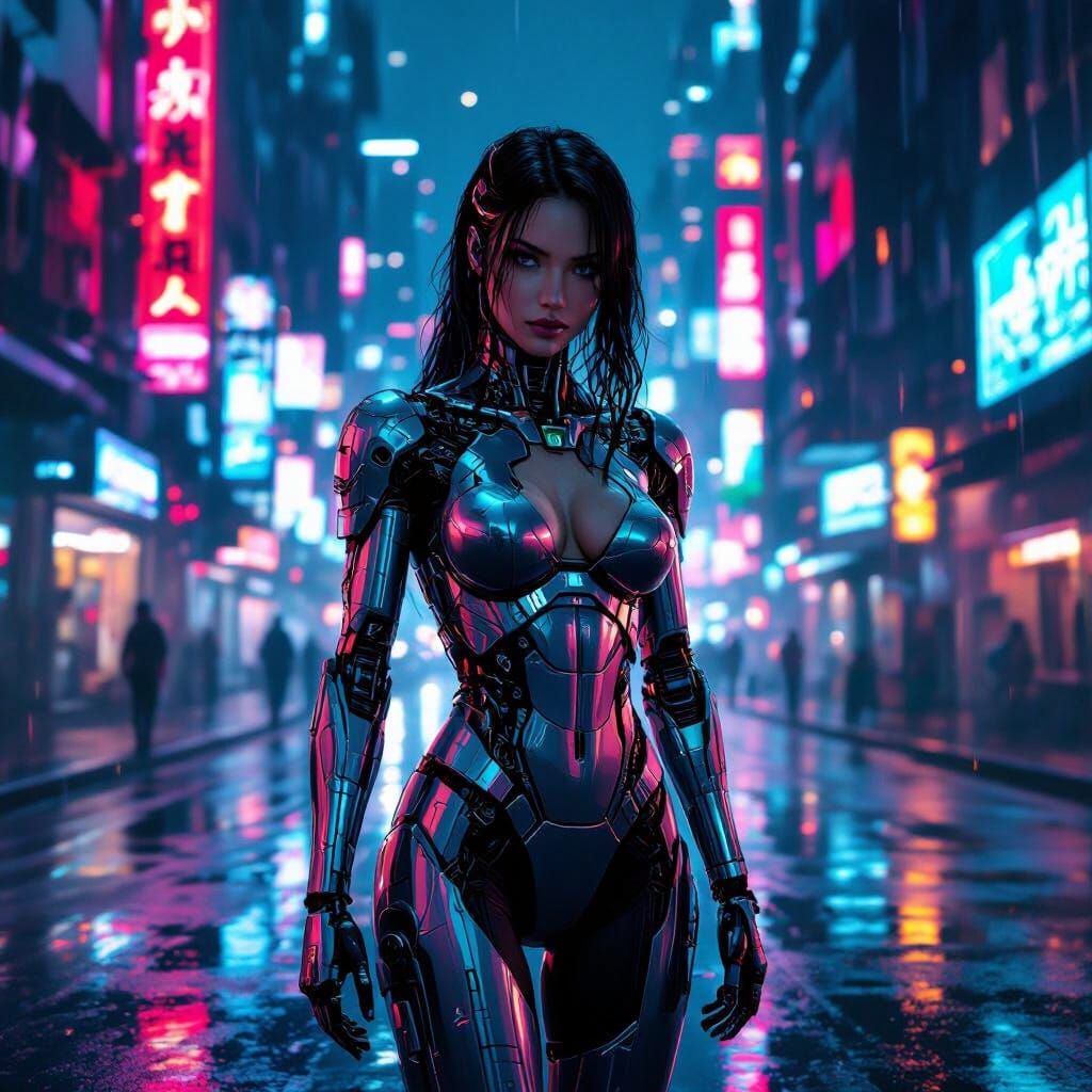 Cyborg Woman in Neon Cyberpunk Cityscape
